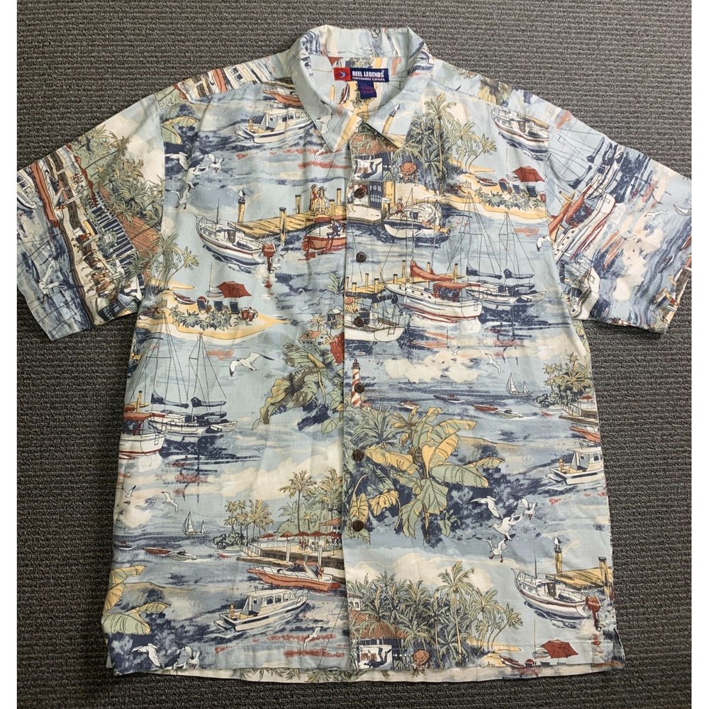 Reel Legends Mens Button Up Fishing Shirt Outdoor Yacht  All Over Print Size L